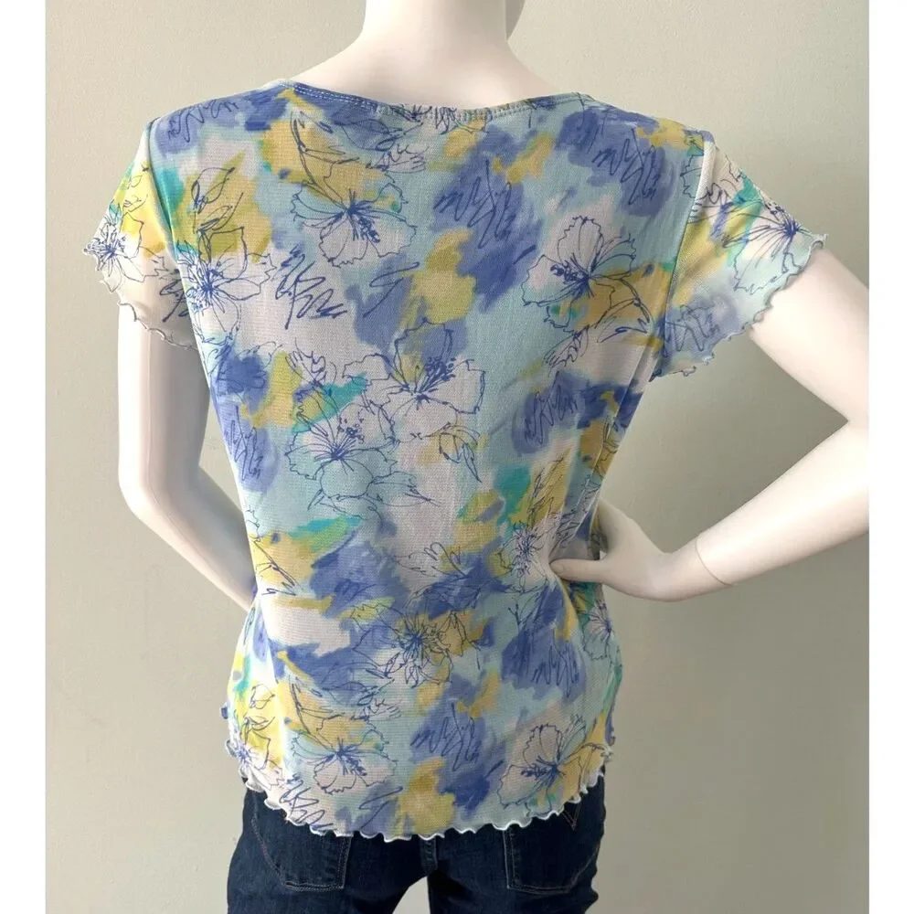 Vintage Y2K Pastel Floral Mesh Top Lettuce Hem Fairycore Baby Tee size Medium